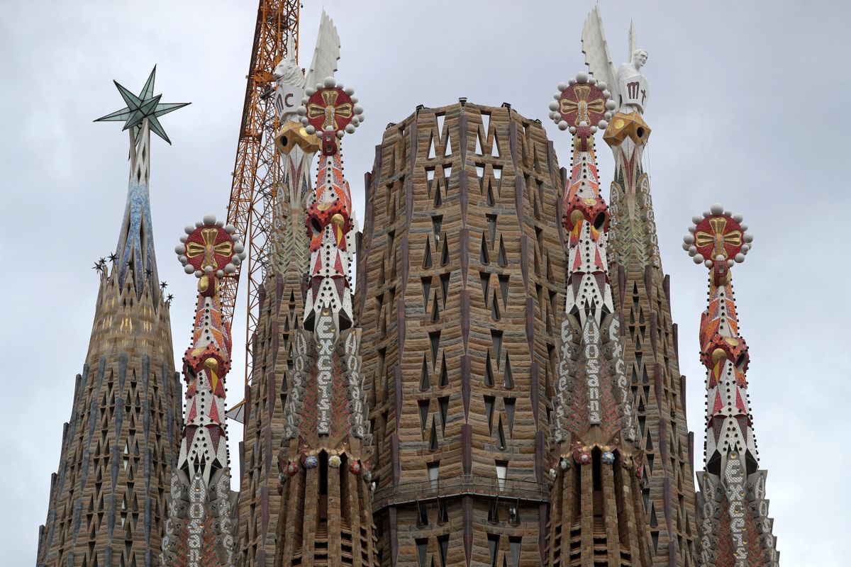 világítás tornyok Sagrada Família Barcelona templom  Evangelists already completed Sagrada Familia Gaudi Barcelona Calalonia news towers of the Evangelists Xavier Medina-Campeny Urbanandsport Nurphoto Horizontal ARCHITECTURE 