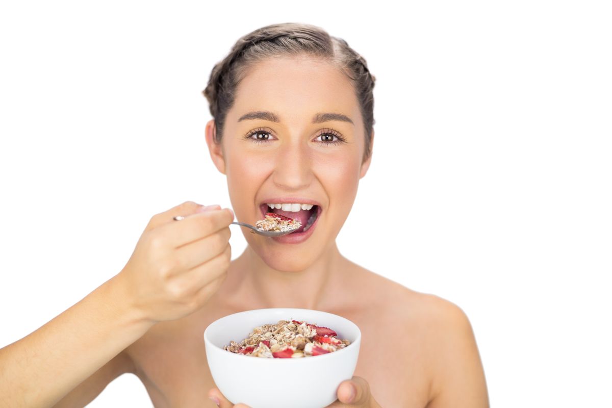 cereal, műzli, egészséges életmód, nő, eszik, evés, kalória, tisztaság 