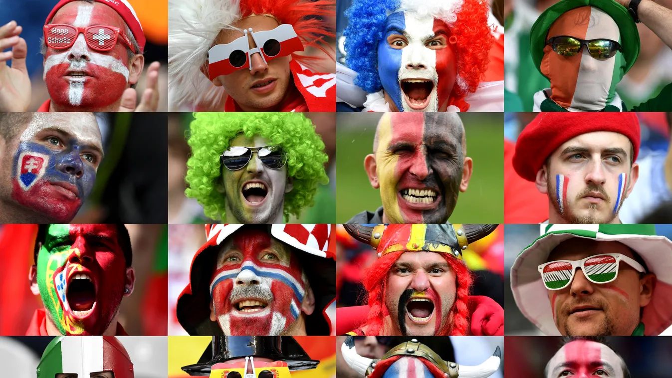 A nap képei combination made on June 23, 2016 shows pictures of supporters of the teams qualified for the round of 16 of the Euro 2016 European Championship. (From LtoR, starting from upper left corner) A Switzerland fan, a Polish fan, a Fre 