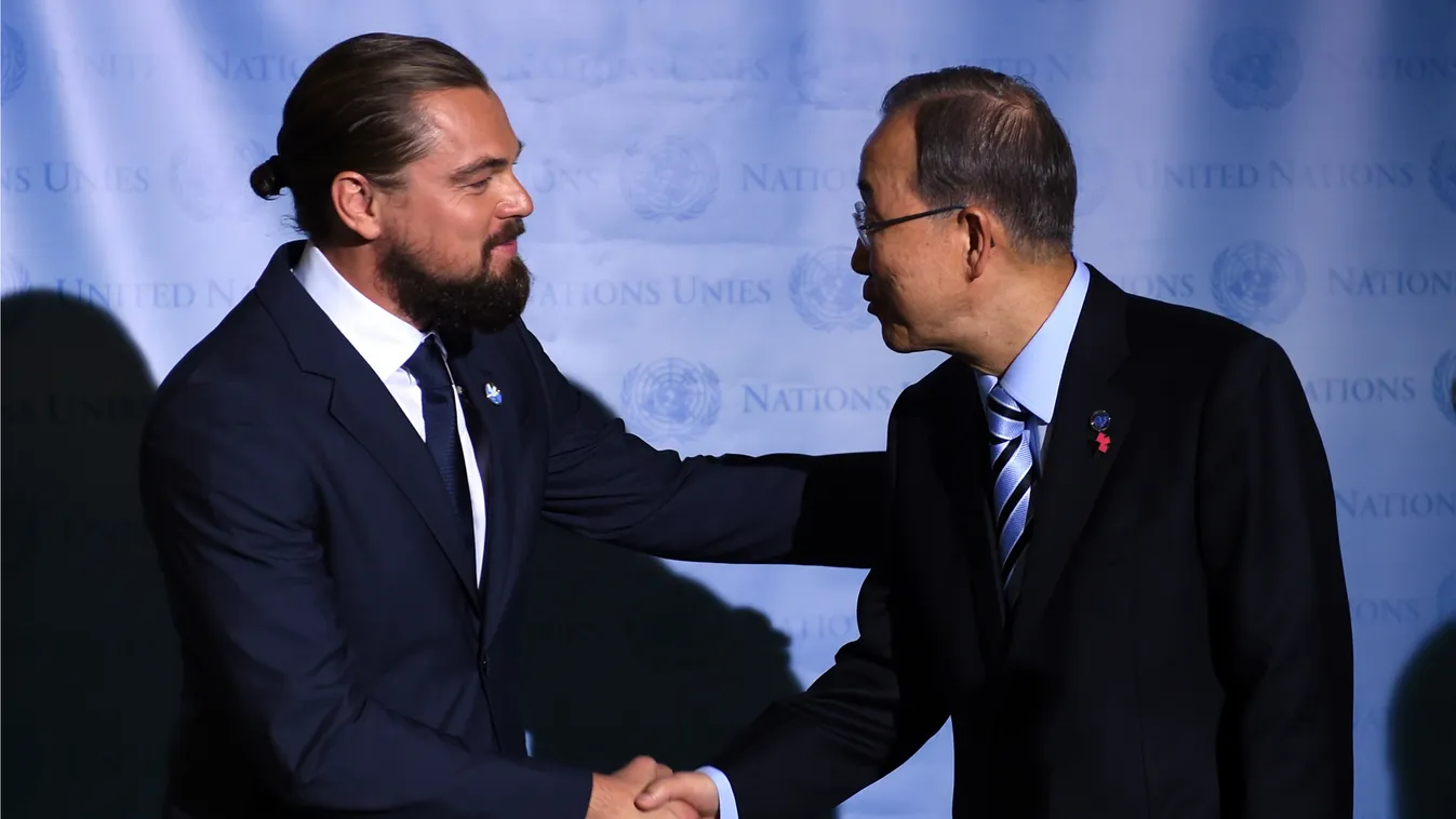 US-UNGA-DICAPRIO United Nations Secretary General  Ban Ki-moon as he designates  actor Leonardo DiCaprio as UN Messenger of Peace at the United Nations September 20, 2014 in New York . The  69th session of the UN General Assembly begins next week. AFP PHO