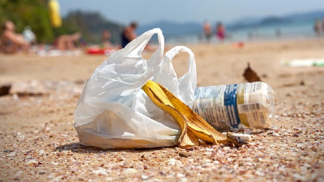 Műanyag táska, szemét, tengerpart, környezet szennyezés 