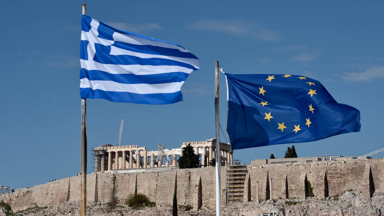 - Horizontal ILLUSTRATION FLAG EUROPEAN FLAG NATIONAL FLAG SKY BLUE COLOUR CAST ACROPOLIS MONUMENT GREEK AND ROMAN ARCHAEOLOGY 