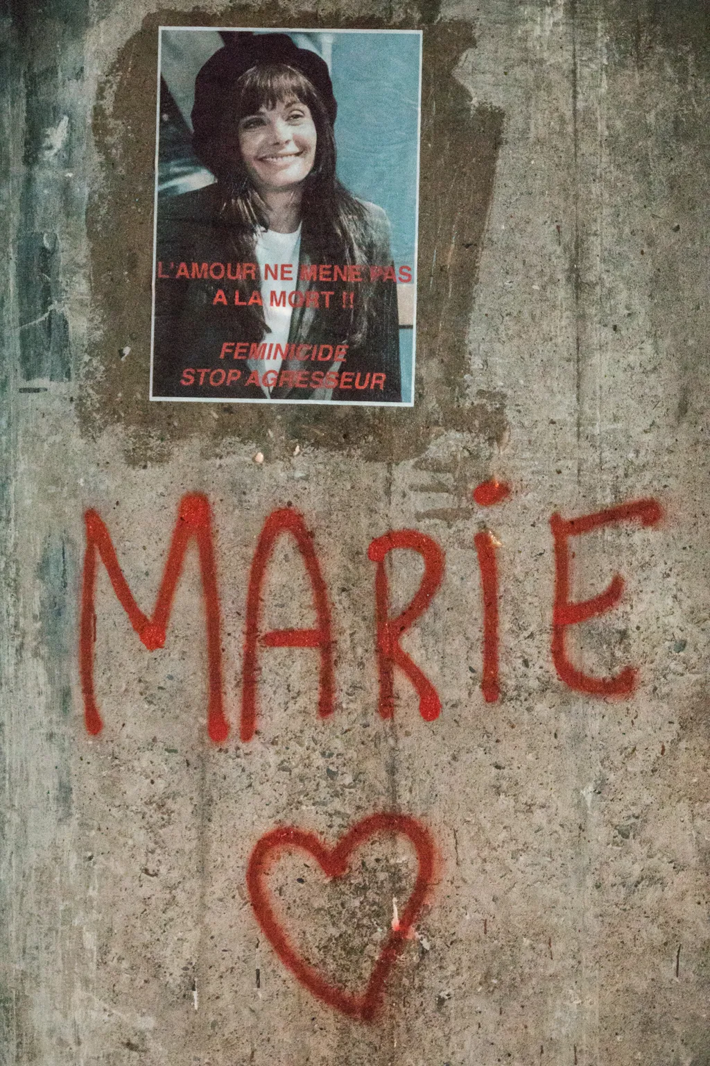 Feminists paste posters representing Marie Trintignant In Lyon Bertrand Cantat CONCERT DOMESTIC VIOLENCE Femicide FEMINISM Lyon Marie Trintignant MURDER MUSIC STREET ART Tag Women's right 