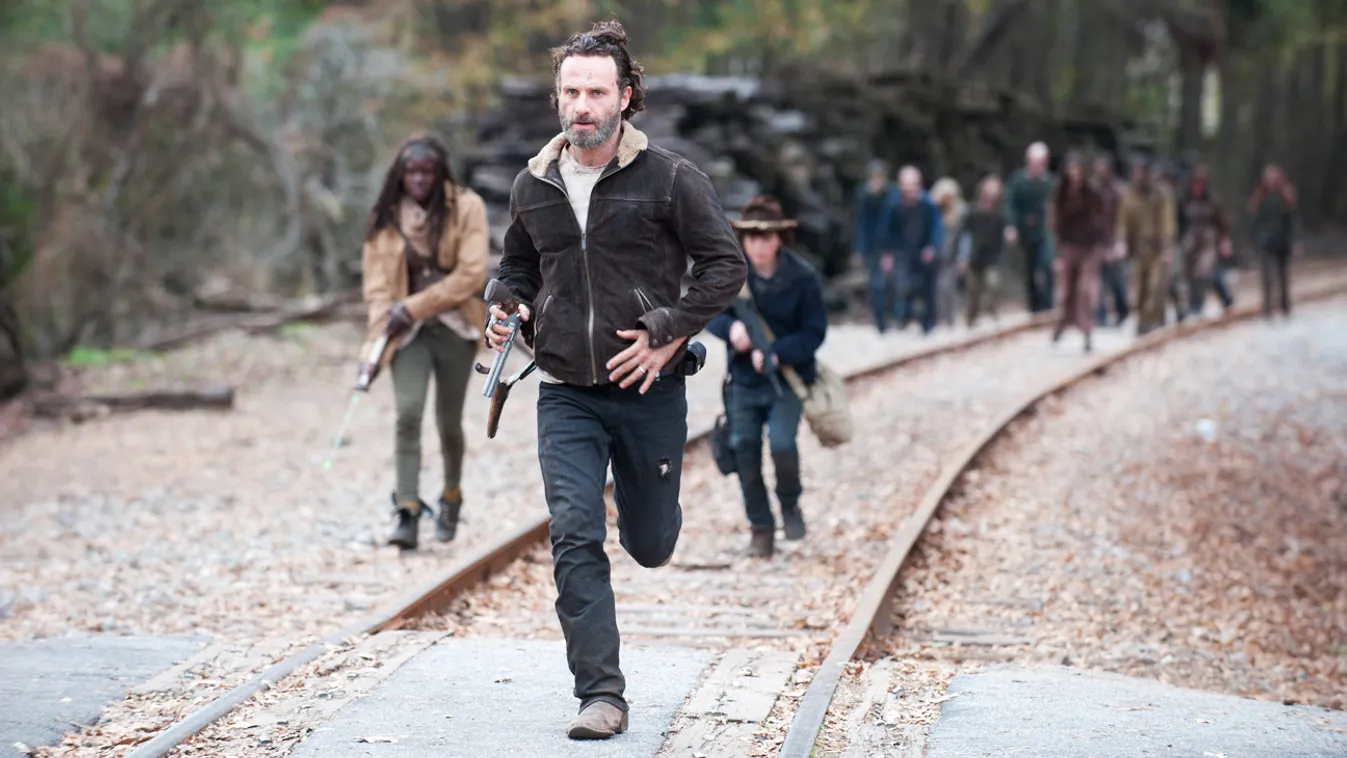 Danai Gurira Andrew Lincoln Chandler Riggs Walker GROUP - The Walking Dead _ Season 4, Episode 16 - Photo Credit: Gene Page/AMC 