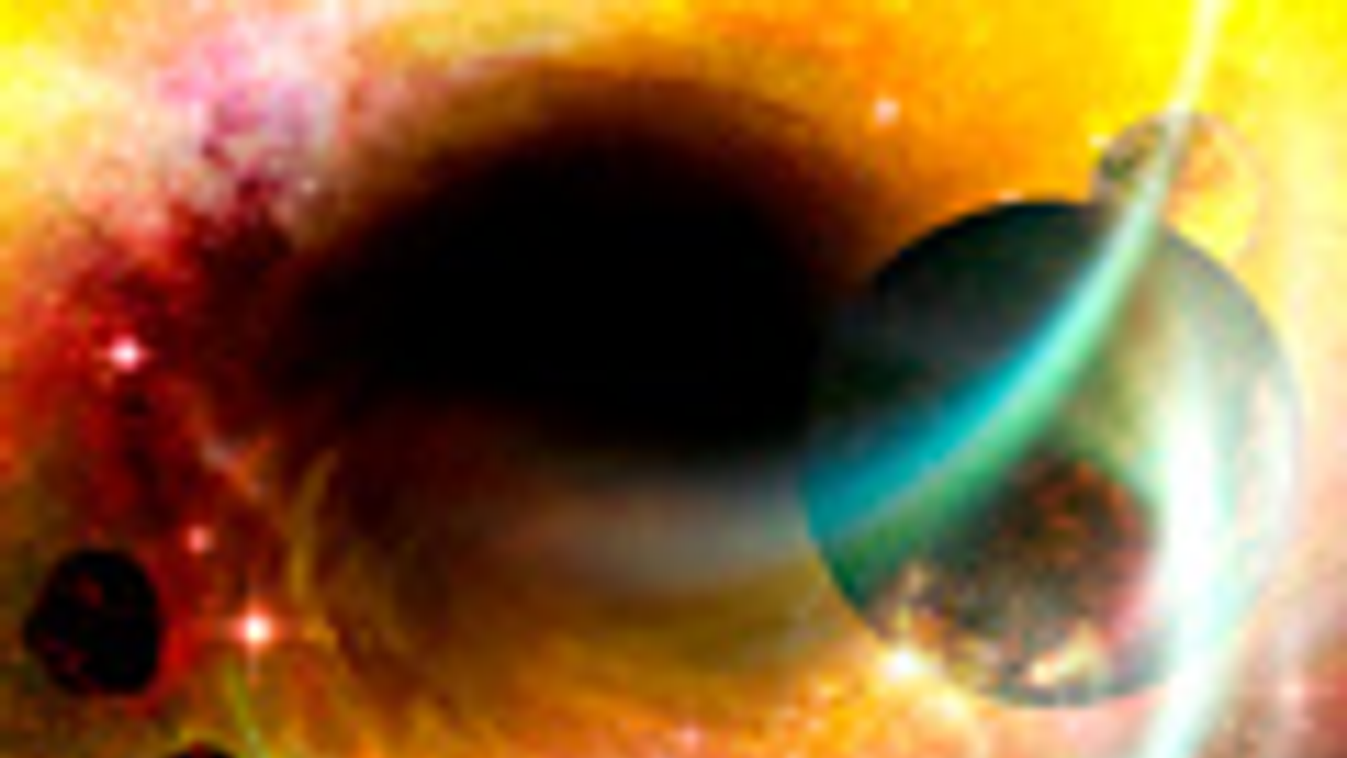 fekete lyuk, számítógépes illusztráció, bolygókat beszippantó fekete lyuk