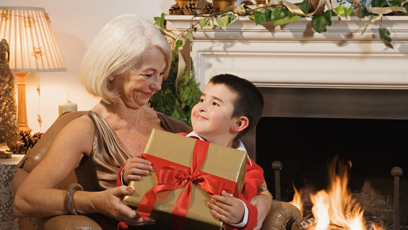 Grandmother and grandson at christmas holding festive armchair chair male living room handing sitting smiling grandson grandchild family photograph Image Source christmas religious event event christmas decoration decoration fire young child caucasian eth