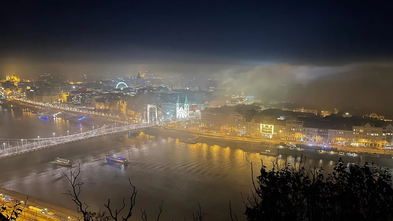esti, este, Budapest, Gellért-hegy, tél, fények, köd 