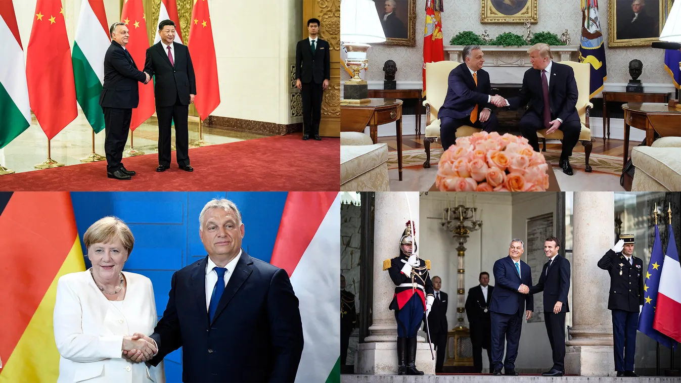 Orbán Viktor találkozók, montázs, Trump, Merkel, Macron, Hszi Csin ping 