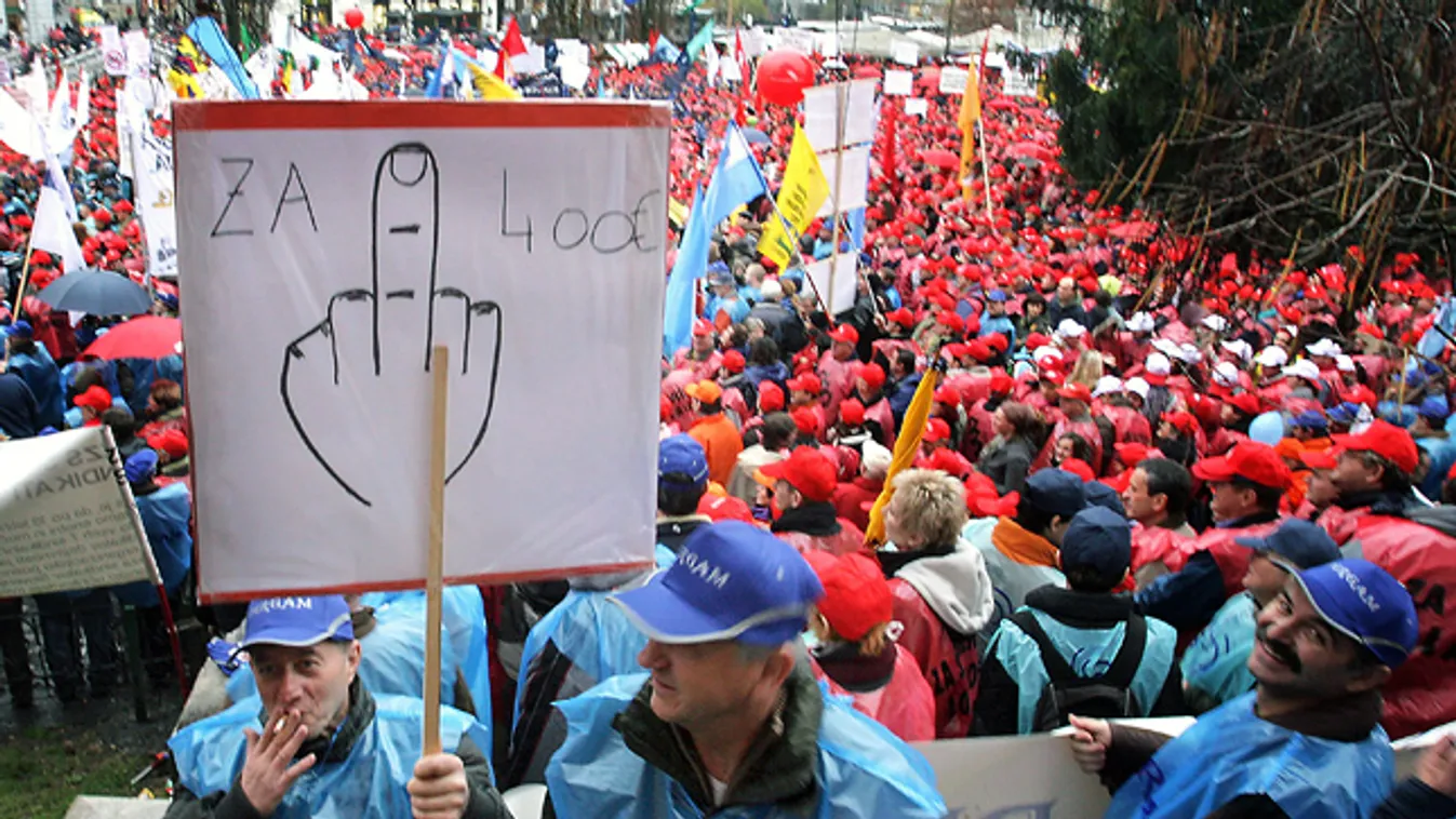 szlovénia, gazdaság, szakszervezetek tüntetése 2009-ben a megszorítások ellen, illusztráció