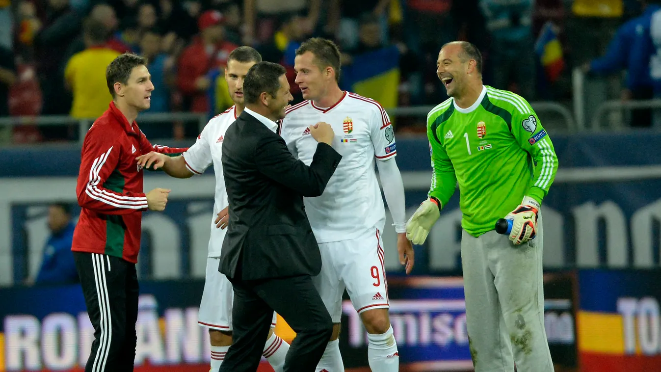 Tőzsér Dániel; Dárdai Pál; Gera Zoltán; Kádár Tamás; Király Gábor egész alakos fotó focista FOTÓ FOTÓTÉMA KÉPKIVÁGÁS Közéleti személyiség foglalkozása labdarúgó örül sportoló SZEMÉLY szövetségi kapitány Bukarest, 2014. október 11.
Gera Zoltán, Kádár Tamás