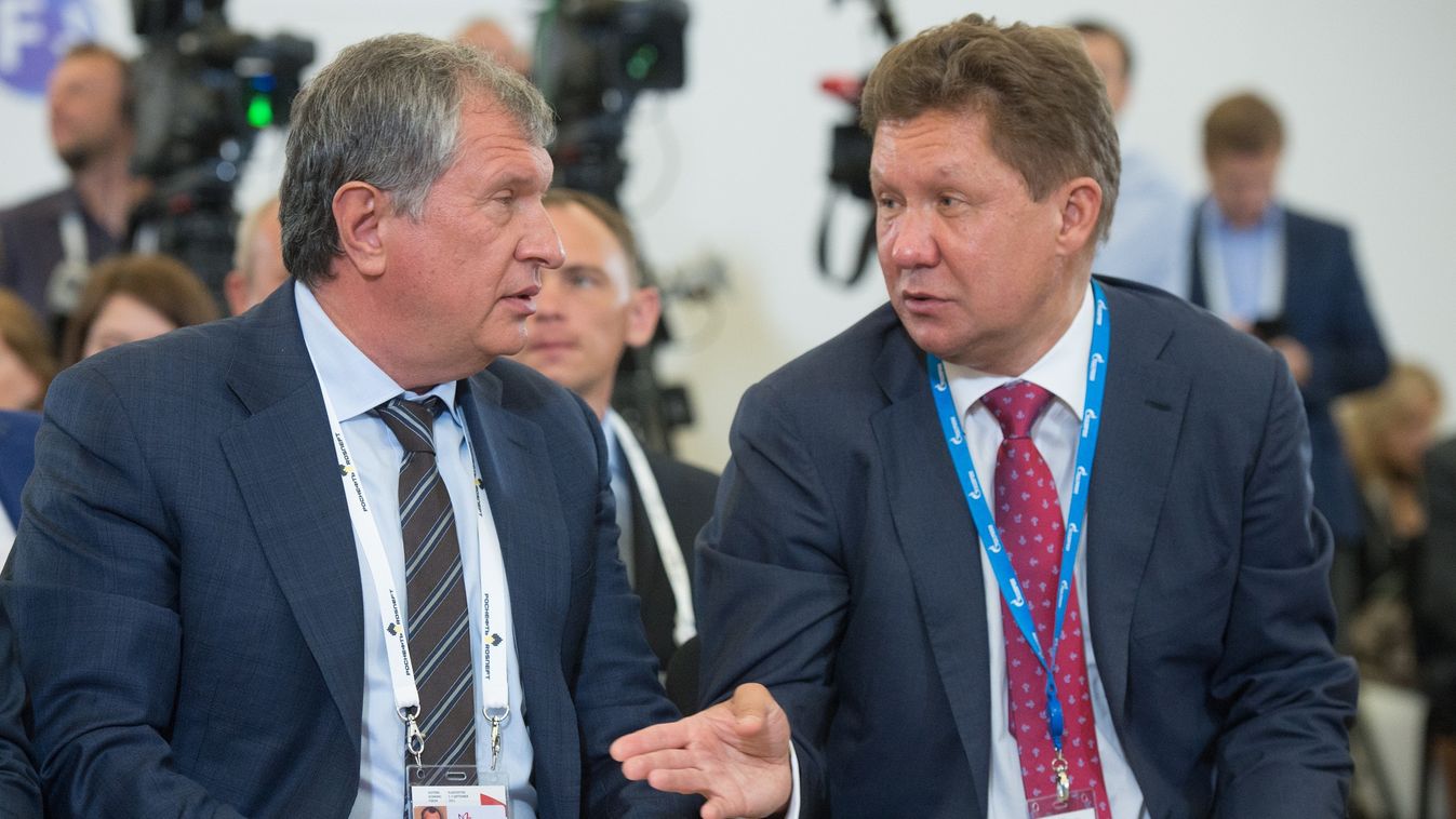 Igor Szecsin (balra), a Rosnyefty vezére és Alekszej Miller (jobbra), a Gazprom vezérigazgatója 