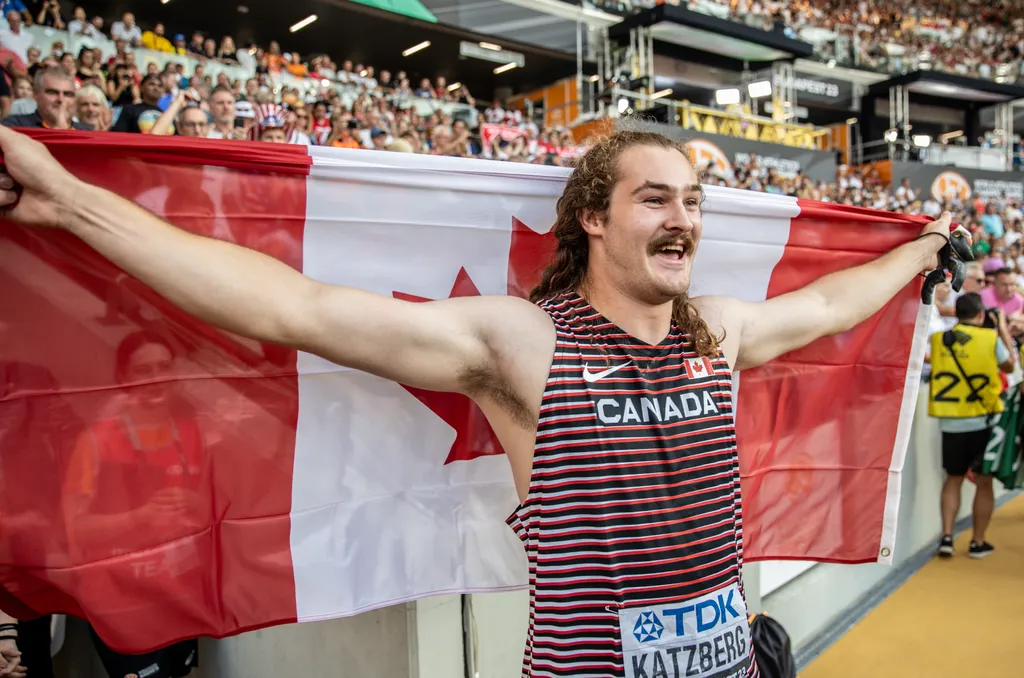 Atlétikai vb, Atlétikai Világbajnokság, World Athletics, Szabadtéri atlétikai világbajnokság, Budapest, 2023. 08. 20., férfi kalapácsvetés, döntő, Ethan Katzberg, Kanada, örömképek 