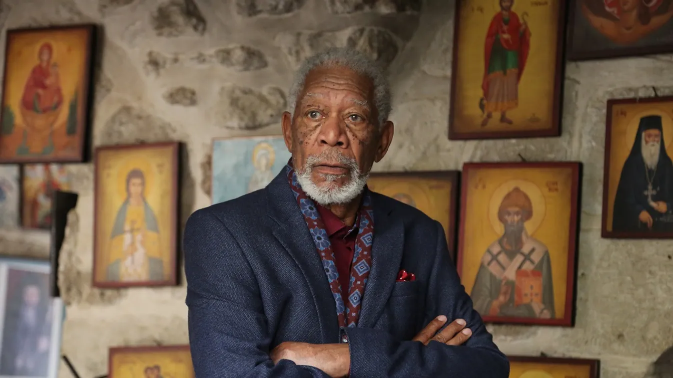 74522 Morgan Freeman stands in front of the artwork at St. Gerasimos Monastery. (National Geographic/Maria Bohe) 