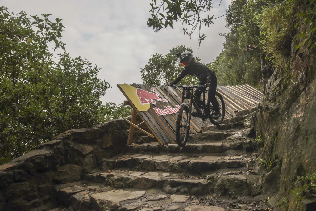 Colombia Red Bull downhill 2022 verseny   ,cyclist,downhill,downtown Bogota,Monserrate Hill Horizontal BOGOTA, COLOMBIA - FEBRUARY 05: Cyclists compete at the Red Bull Monserrate Cerro Abajo in Bogota, Colombia on February 5, 2021. The world’s best 