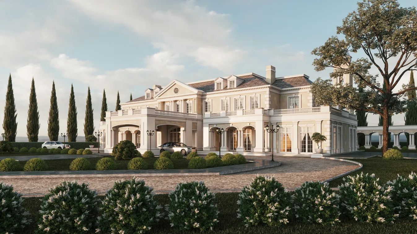 Luxury,Mansion,With,Garden.,Expensive,Cars,In,The,Mansion.,Luxury Luxury Mansion with garden. Expensive cars in the mansion. Luxury mansion villa house building. 3d illustration 