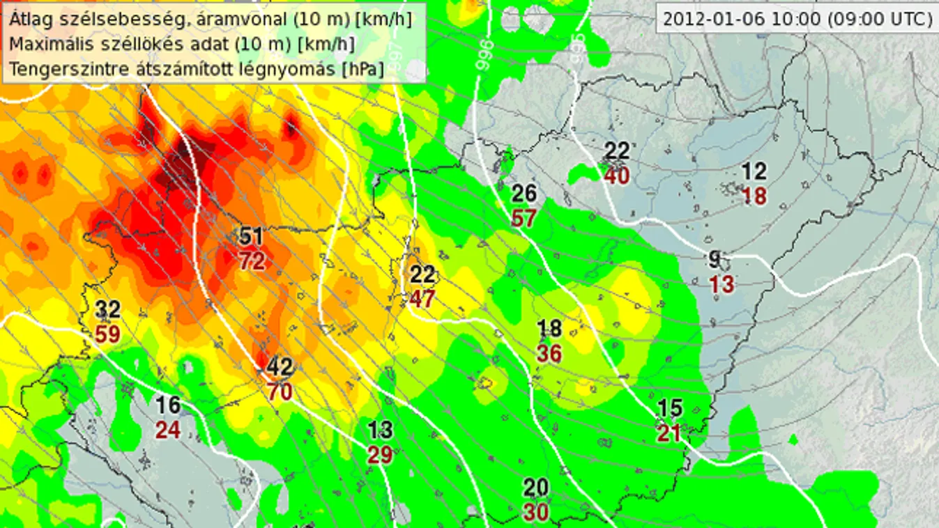 Széltérkép, szélsebesség mérés 10 óra, 5.1.2012