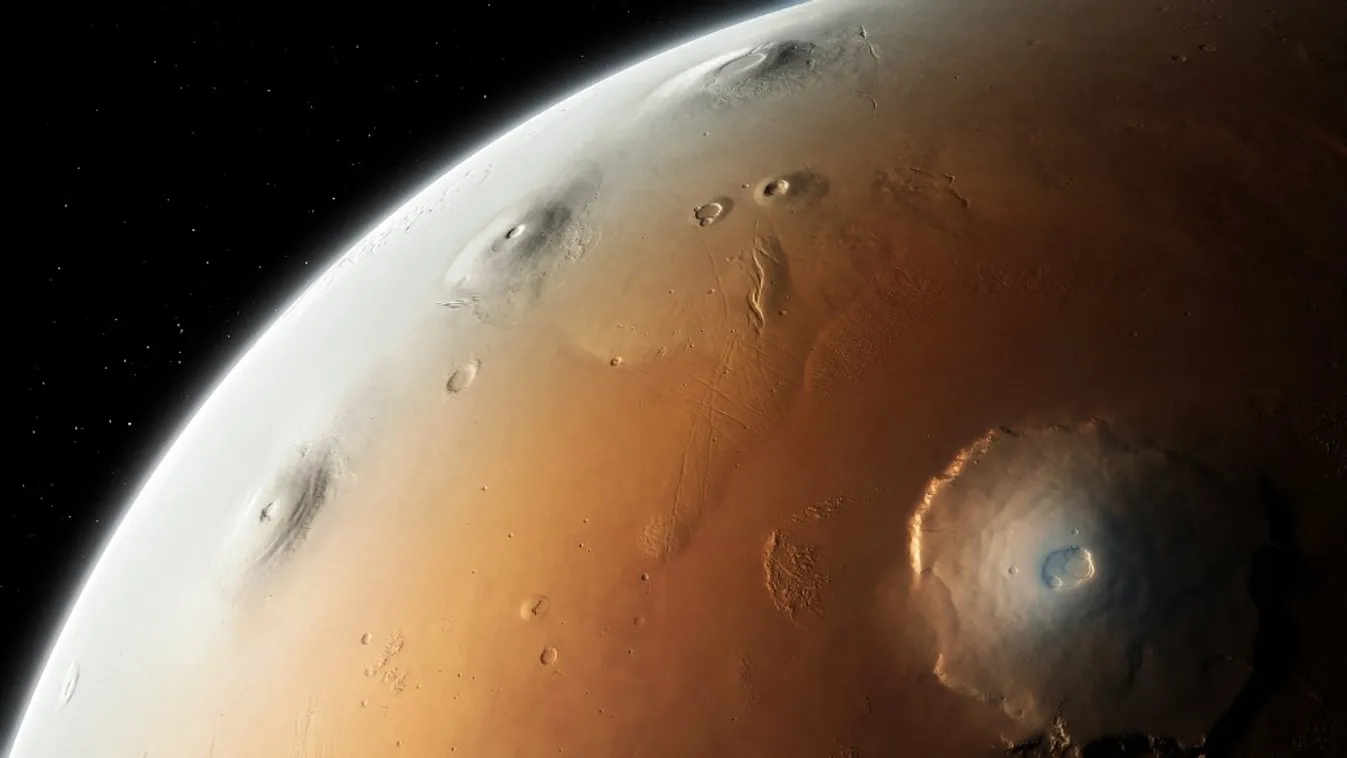 Illustration of Mars' Tharsis Montes SOLAR SYSTEM VOLCANOES EXTINCT THARSIS MONTES OLYMPUS MONS PAVONIS ARSIA ASCRAEUS ARTWORK SPACE TERRESTRIAL MARTIAN ASTRONOMICAL GEOLOGICAL Horizontal MARS ART ILLUSTRATION ASTRONOMY PLANET PLATEAU GEOLOGY 