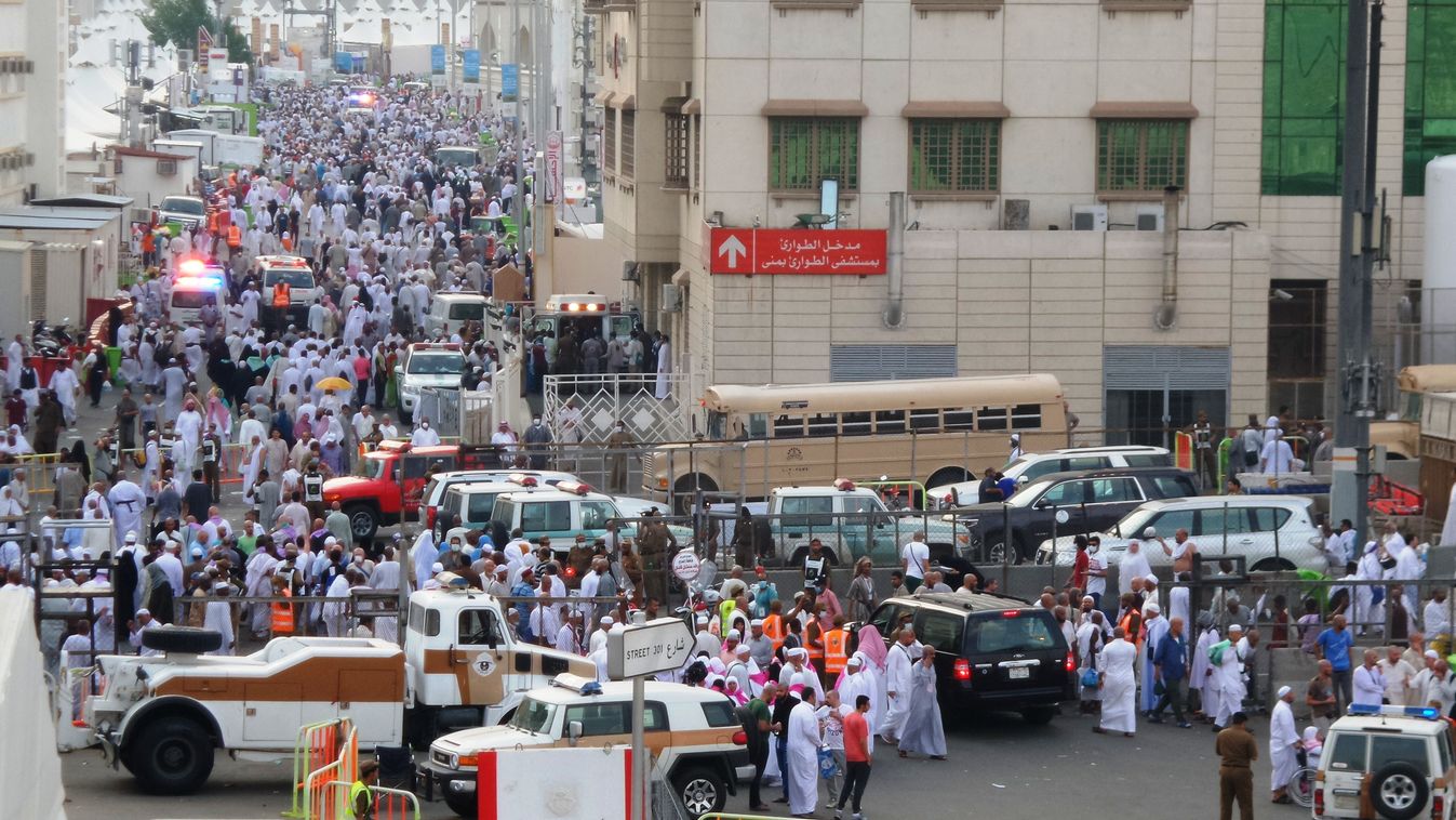 Hajj Pilgrims stampede Ambulances MECCA Saudi Arabia Disaster Mina 2015 SQUARE FORMAT MECCA, SAUDI ARABIA - SEPTEMBER 24: Ambulances are seen on a road after at least 753 Muslim Hajj pilgrims were killed – and at least another 450 injured – in a stampede 