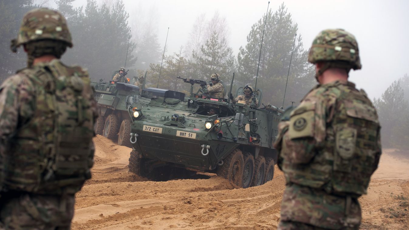 Horizontal TO GO WITH AFP STORY BY MIKE COLLIER - 
Picture taken on February 26, 2015 shows armored fighting vehicles IAV Stryker of the US Cavalry Regiment 2nd subdivision during training with Latvian an Canadian soldiers at the Adazi military training a