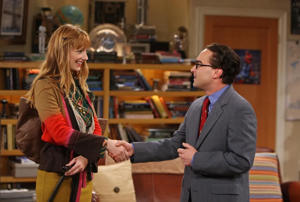 EPISODIC &quot;The Plimpton Stimulation&quot; -- Leonard (Johnny Galecki, right) and Sheldon compete for the attention of a famous female physicist (Judy Greer, left), on THE BIG BANG THEORY, Monday, May 10 (9:31-10:01 PM, ET/PT) on the CBS Television Net