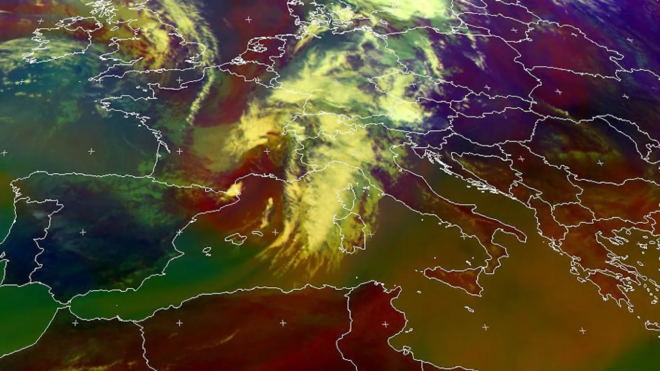 Közelítő hidegfront, légtömegek Európa fölött, EUMETSAT RGB műholdkép