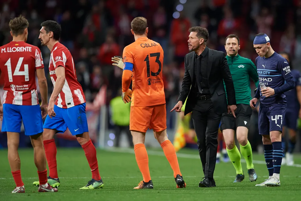 Atletico Madrid v Manchester City Quarter Final Leg Two - UEFA Champions League soccer Atletico de Madrid Chelsea FC Diego Simeone Full length Small group of people UEFA Champions League Quarter Final Leg Two match Diego Simeone head coach Manchester City