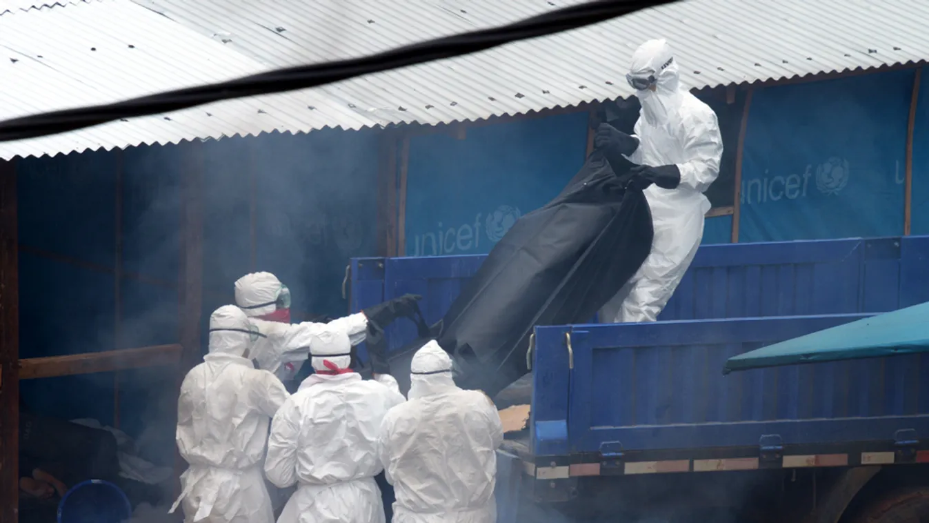 Medical workers wearing Personal Protection Equipment suits (PPEs), carry the body of a victim of the Ebola virus in a bag at the John Fitzgerald Kennedy hospital of Monrovia, on September 5, 2014. The European Union announced 140 million euros ($183 mill