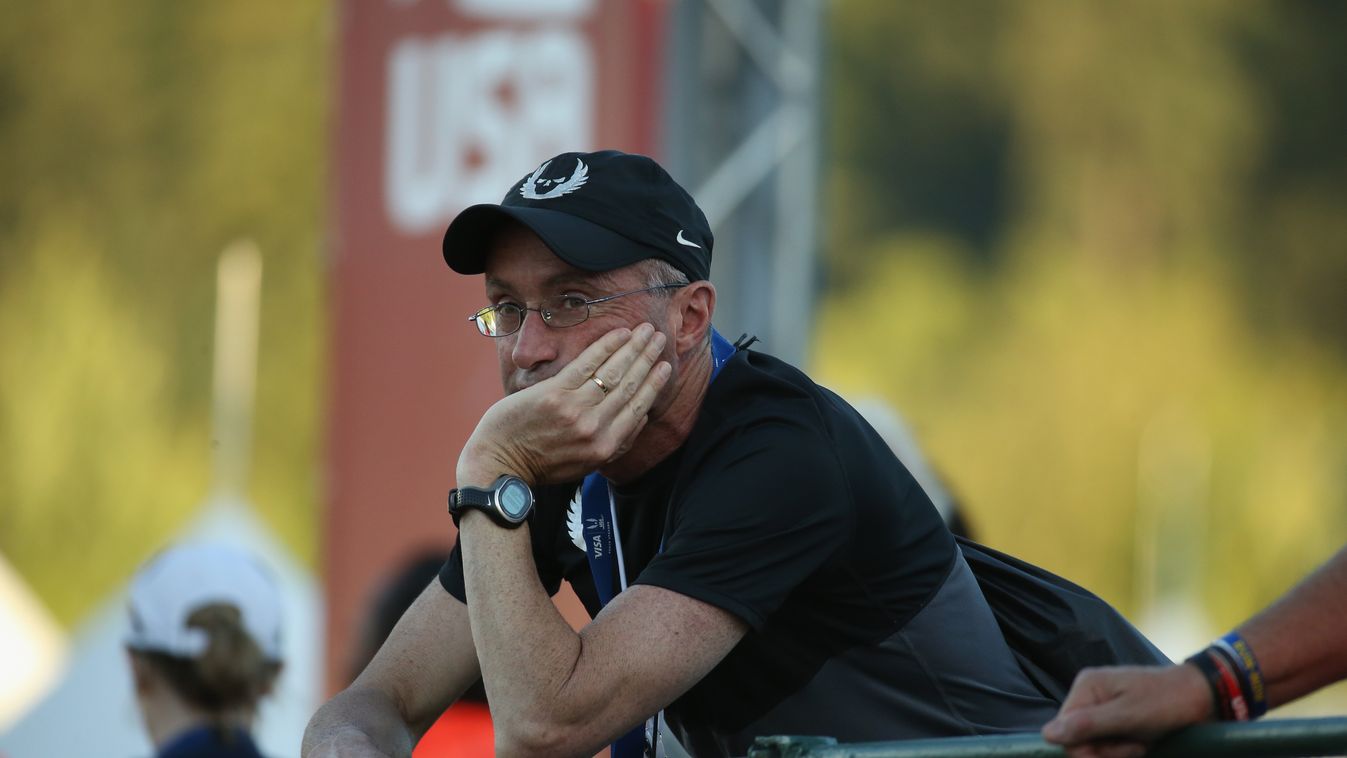 GettyImageRank2 Coach People Waist Up Track And Field Watching USA Day One Person Eugene - Oregon OR Incidental People Men Sports Track 10000 Meter 2015 Hayward Field Alberto Salazar Galen Rupp USA Track & Field Championships Day 1 PersonalityComplete Fee