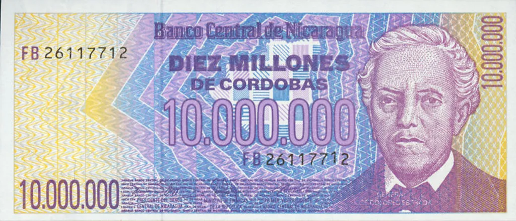 a világ legnagyobb címletű pénzei, Nicaragua - 10 million córdobas, 1990 