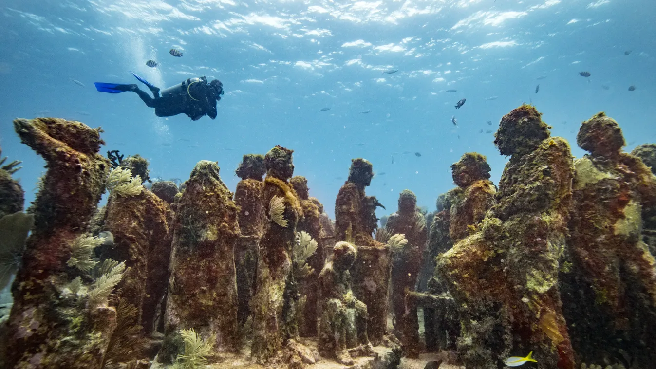 Isla,Mujeres, múzeum, legbizarrabb, Cancun, Mexikó, MUSA, vízalatti múzeum 