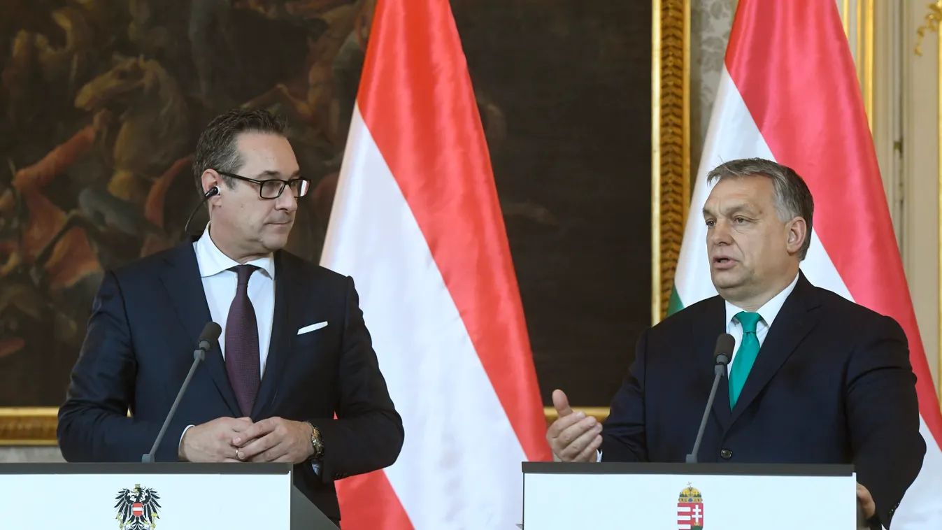 STRACHE, Heinz-Christian; Orbán Viktor alkancellár ÁLTALÁNOS KULCSSZÓ beszél Közéleti személyiség foglalkozása miniszterelnök politikus sajtótájékoztató SZELLEMI TEVÉKENYSÉG SZEMÉLY 