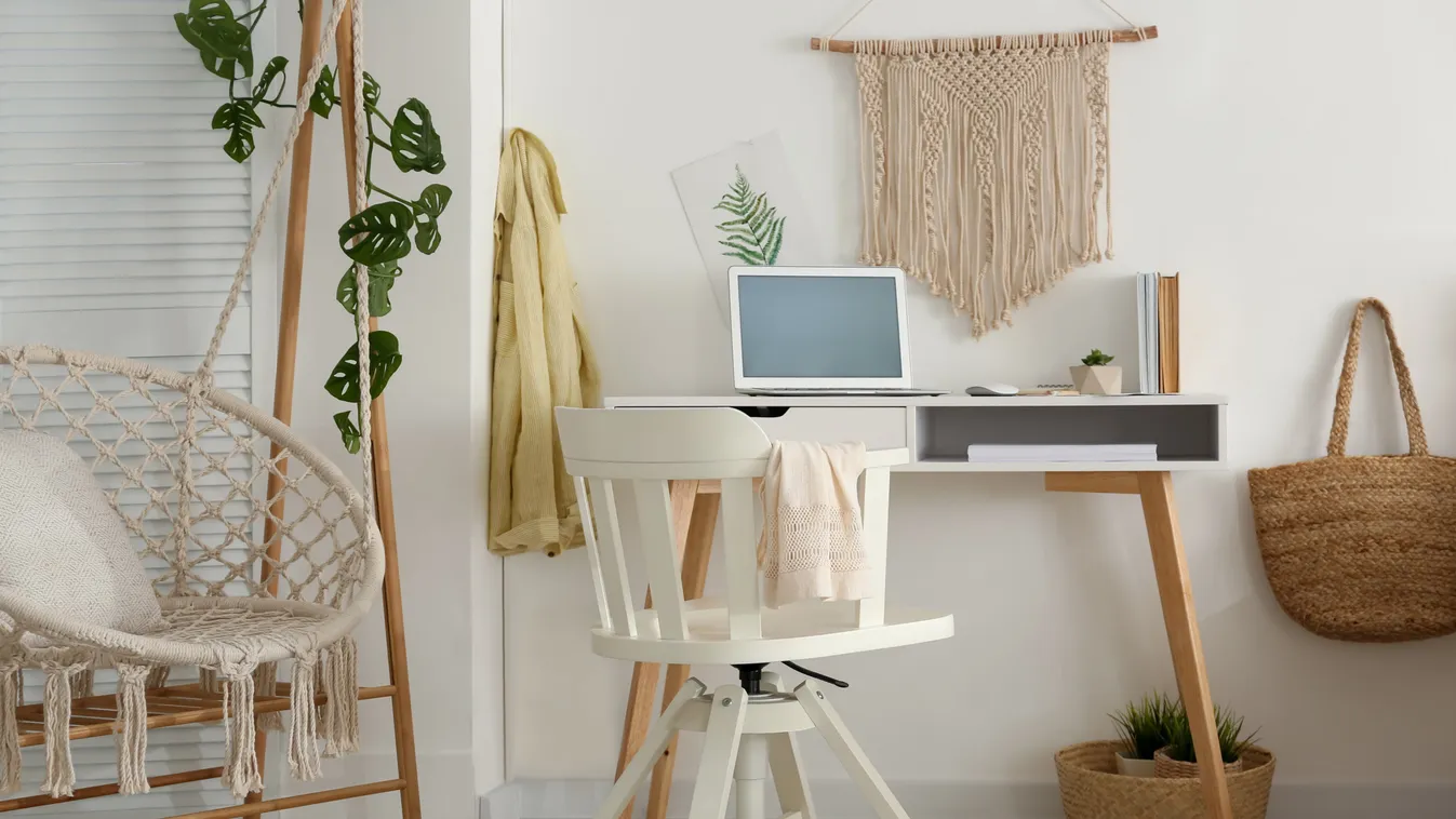 desk bright element boho plant residence contemporary spacious living style hanging chair houseplant laptop computer technology wall rug floor workplace trend estate luxury furniture comfort cozy apartment room home trendy stylish modern lifestyle fashion
