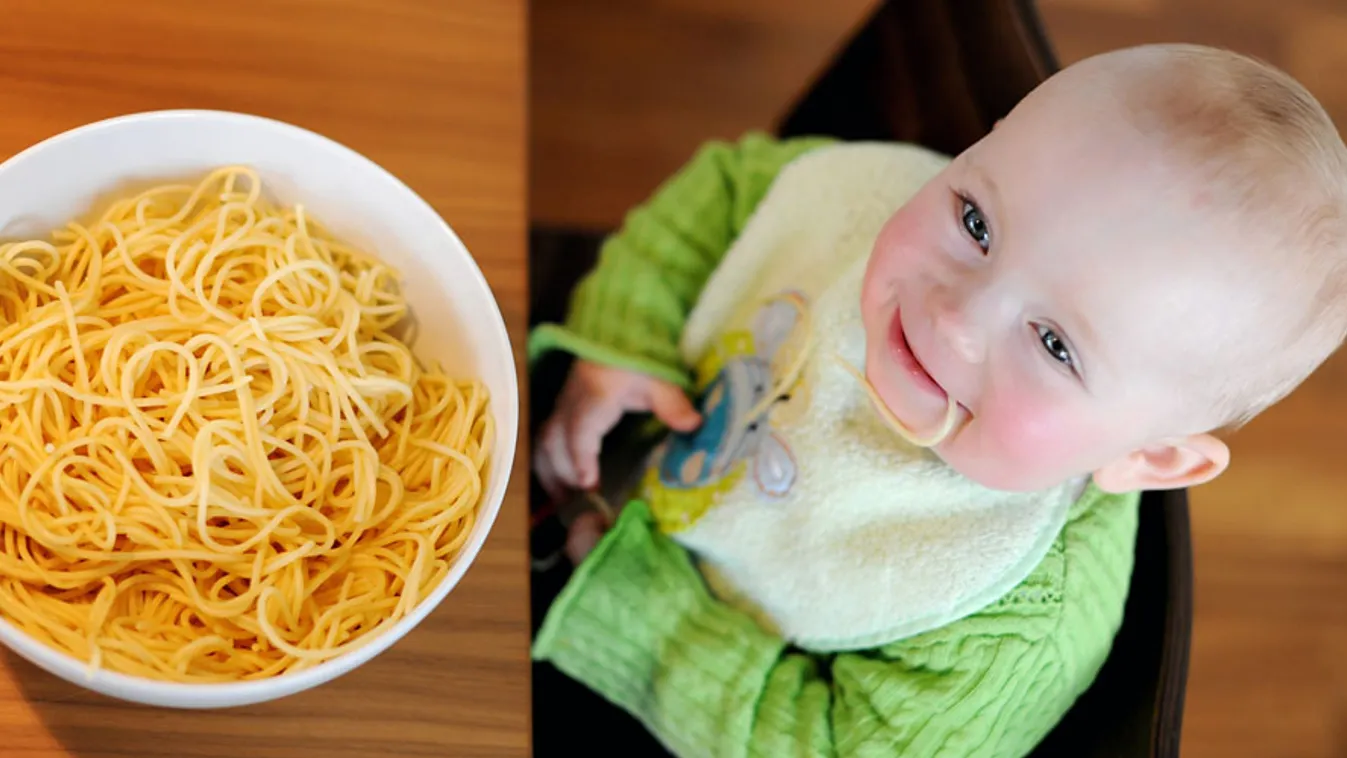 spagetti, kisgyerek, illusztráció