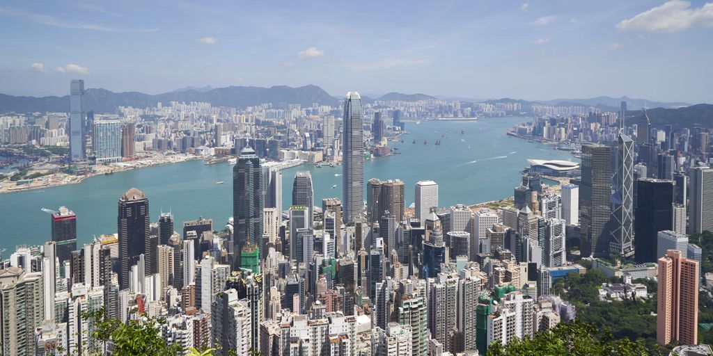 City skyline, viewed from Victoria Peak, Hong Kong photography colour colour image COLOR color image HORIZONTAL horizontal image day outdoors outside nobody no one no-one travel destination travel destinations travel tourist destination Hong Kong skyline 