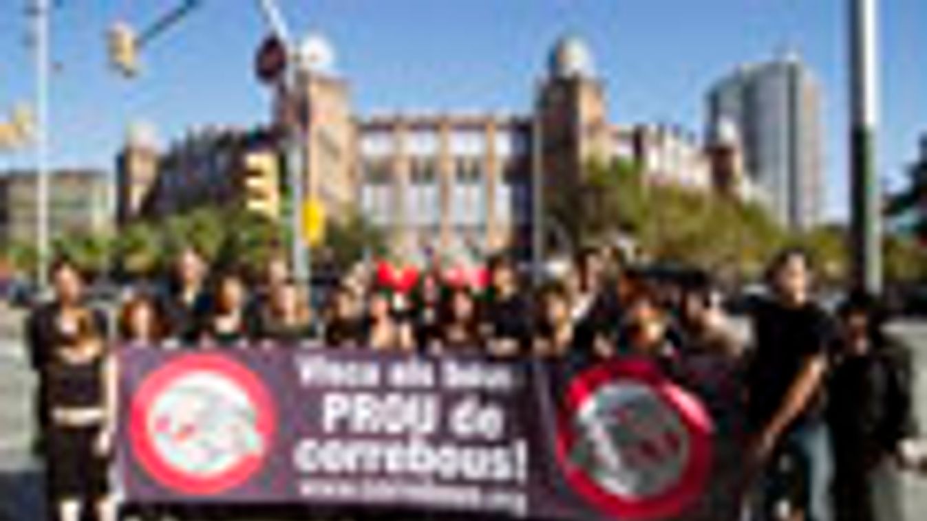 Állatvédők ünnepelnek a barcelonai La Monumental aréna előtt, hogy megünnepeljék az utolsó ott tartott bikaviadalt