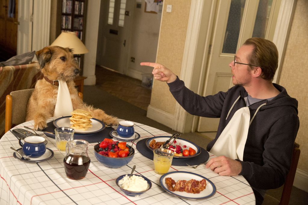 Absolutely Anything Cinema comedy napkin to point finger conversation talking Horizontal MAN DOG TABLE SQUARE FORMAT 