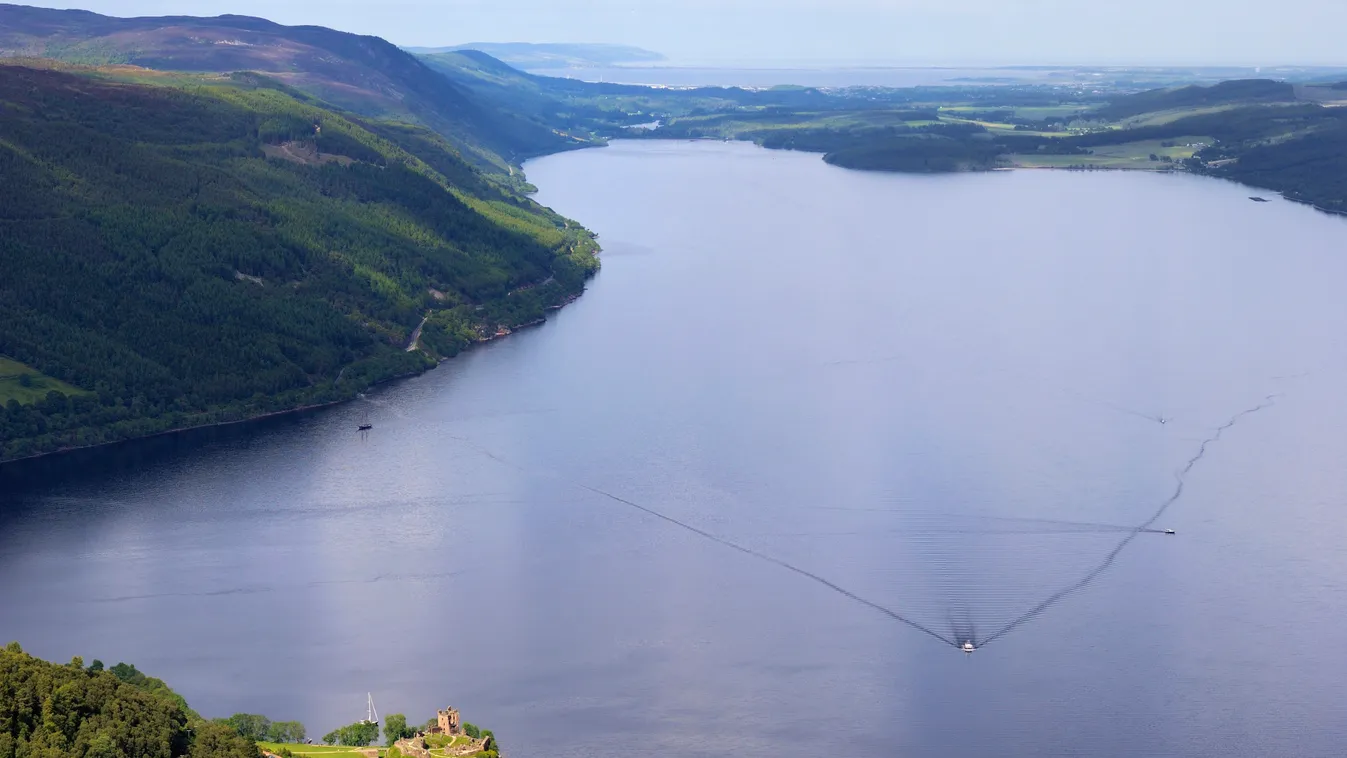AERIAL VIEW ARCHITECTURE BOAT BUILDING CASTLE EUROPE GENERAL VIEW Highlands horizon lake LANDSCAPE Loch Ness Scotland United Kingdom WATER HORIZONTAL 