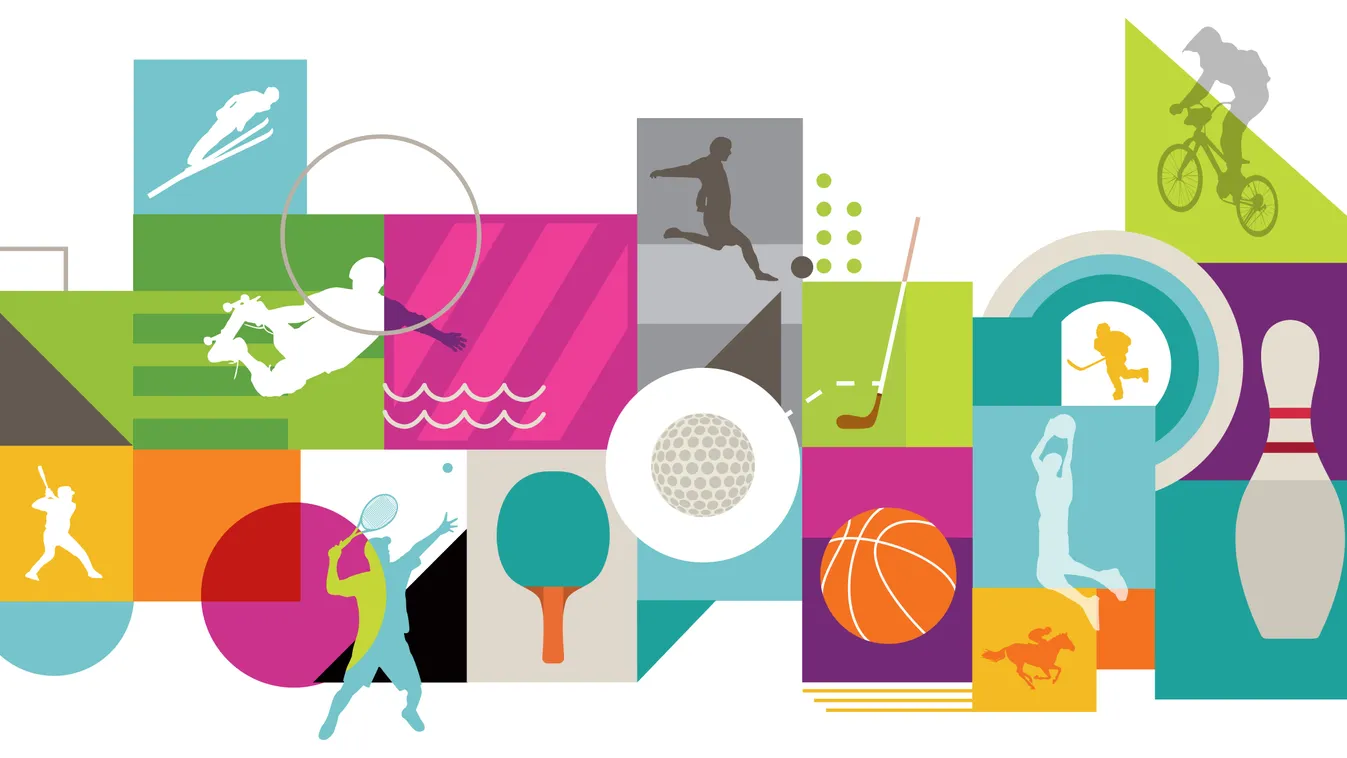 Illustration of various types of sports ADVENTURE ARTWORK ATHLETIC BASEBALL BASKET BALL BAT BICYCLE BOWLING PIN CHALLENGE COLLAGE COLLECTION COMPETITION COMPETITIVE SPORT COMPOSITE IMAGE CONCEPT CONCEPTS CONCEPTUAL CREATIVITY CYCLING DETERMINATION DIGITAL