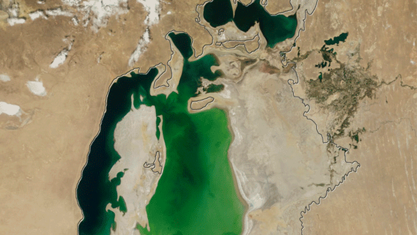 Aral-tó, műholdkép, összeomlás, kiszáradás, NASA Terra műhold, MODIS egység 
