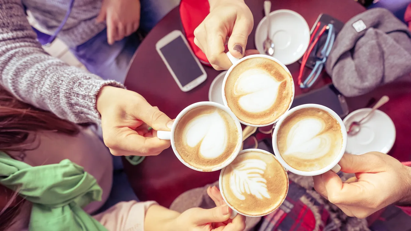 Group of friends drinking cappuccino at coffee bar restaurant Smart Phone Caffeine Coffee Cup Women Group Of People Personal Perspective Mocha Espresso Cappuccino Cafeteria Young Adult Cheering Drinking Meeting Heat - Temperature Togetherness Friendship O