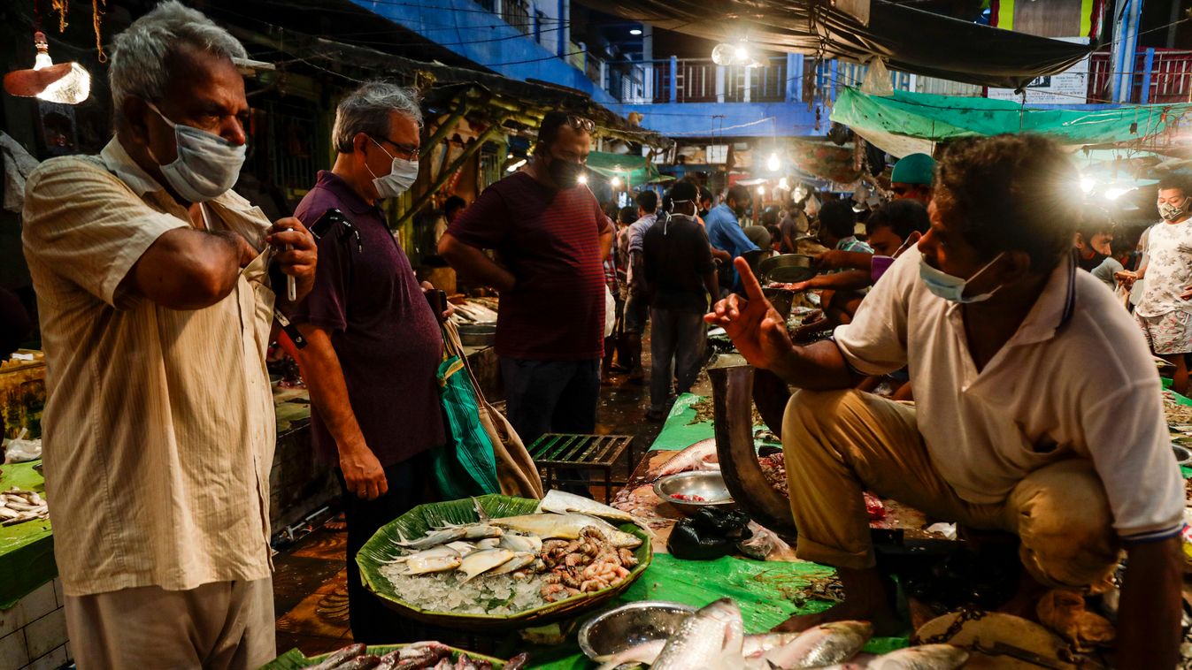 Kolkata, 2020. augusztus 22.
Védőmaszkos árus és vevők egy kolkatai halpiacon 2020. augusztus 22-én. A koronavírus-járvány az Egyesült Államok, Brazília és Mexikó után Indiában követelte a legtöbb halálos áldozatot a világon.
MTI/AP/Bikasz Dasz 