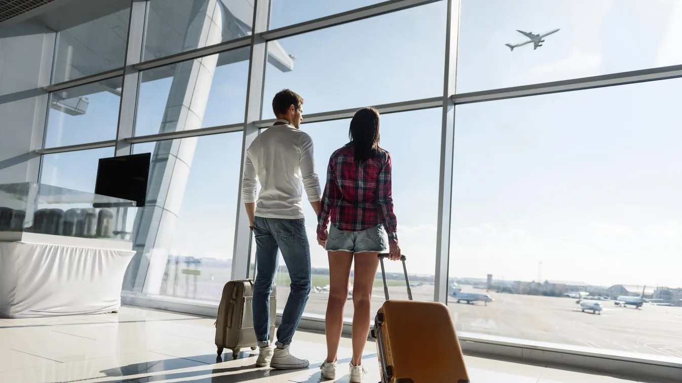 Loving couple watching aircraft flight Luggage Women Men Honeymoon Adult Waiting Standing Holding Togetherness Romance Love Vacations Transportation Lifestyles Indoors Tourist Passenger Day Window Airport Suitcase Bag Airplane Air Vehicle Young man and wo
