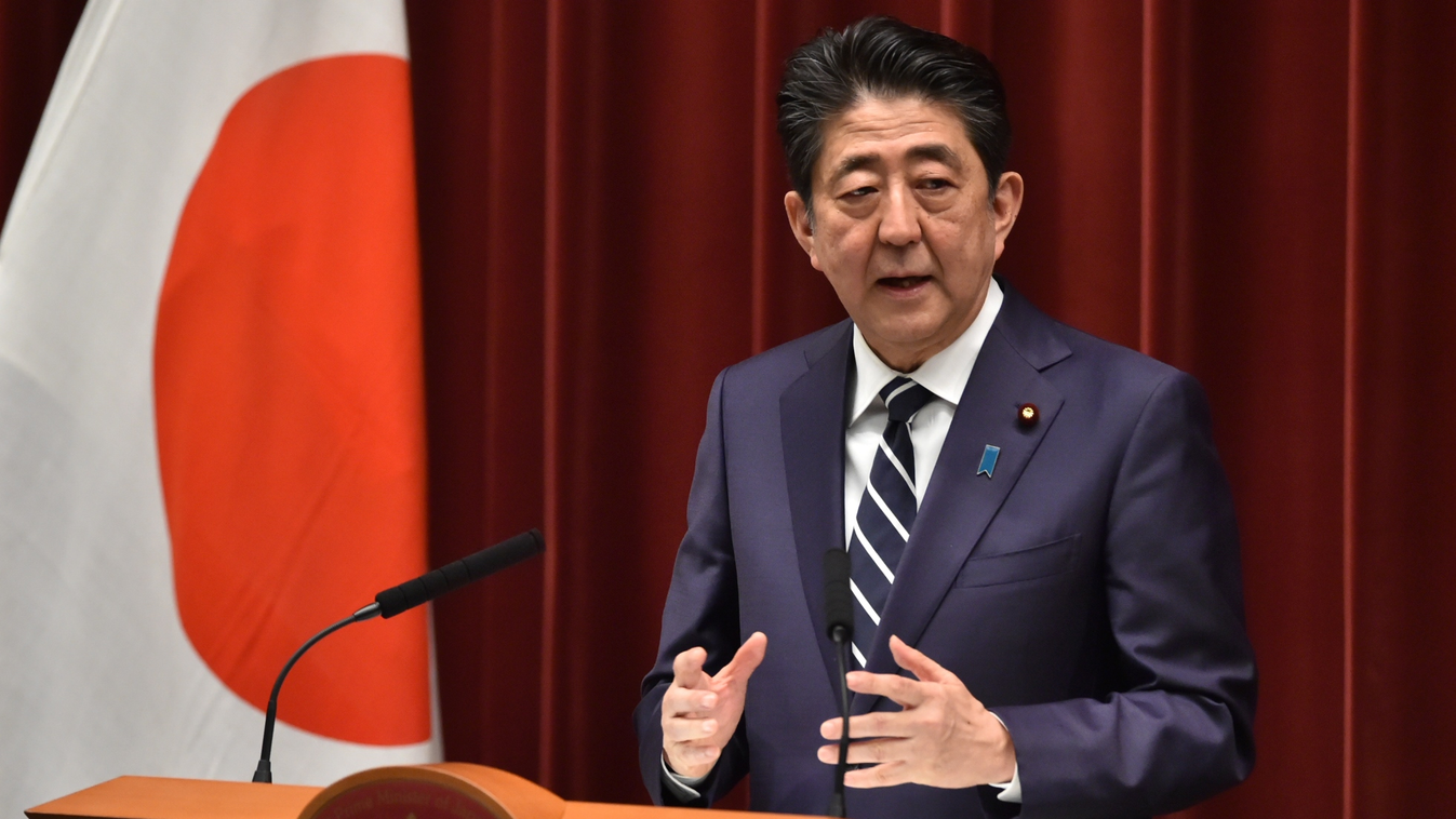 politics Horizontal Japan's Prime Minister Shinzo Abe delivers a speech at his office in Tokyo on April 1,2019. - Japan announced its new imperial era, which will begin next month when Emperor Akihito abdicates, will be known as "Reiwa", a word that inclu
