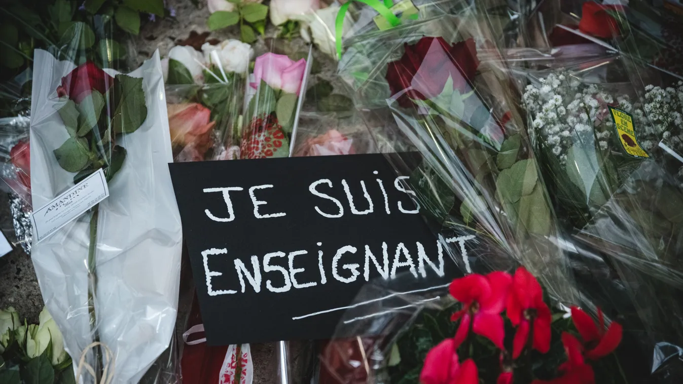 France Teacher Attack: Tribute To The Beheaded Professor  Caricatures Collčge Bois d'Aulne Conflans Conflans Saint-Honorine France Paris Samuel Paty attentat terrorisme 