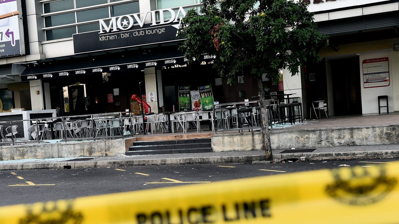 Horizontal A general view of the site of a grenade attack at a restaurant in Puchong district outside of Kuala Lumpur on June 28, 2016.
Eight people were injured after a hand grenade was thrown at a restaurant in Malaysia's central Selangor state, police 