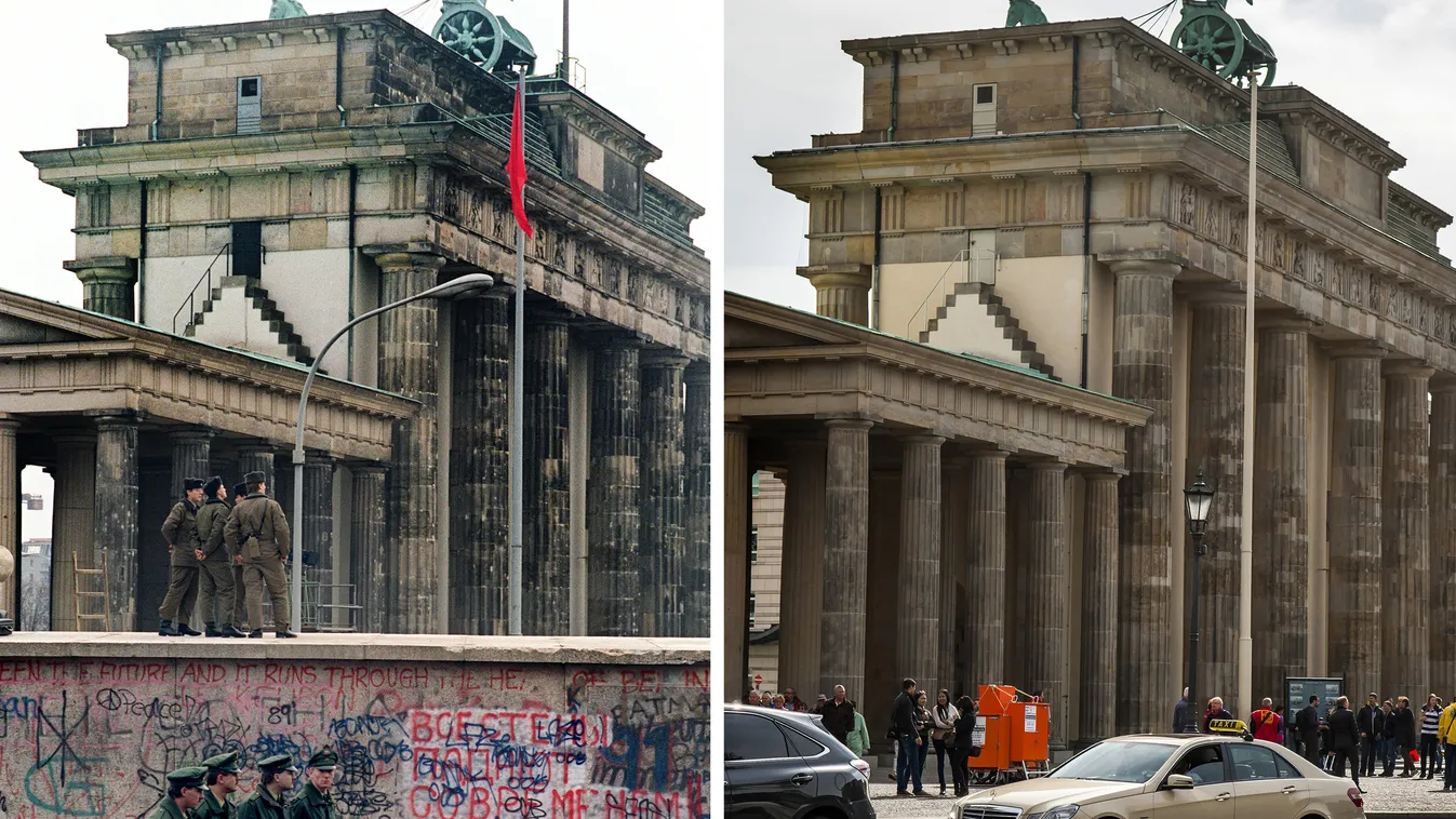 - This combo of two photos shows on (L) East and West German policemen standing near the Brandenburg Gate in Berlin on December 22, 1989 and (R) the Brandenburg Gate at the same spot on September 24, 2014. Germany will throw a giant street party to mark t
