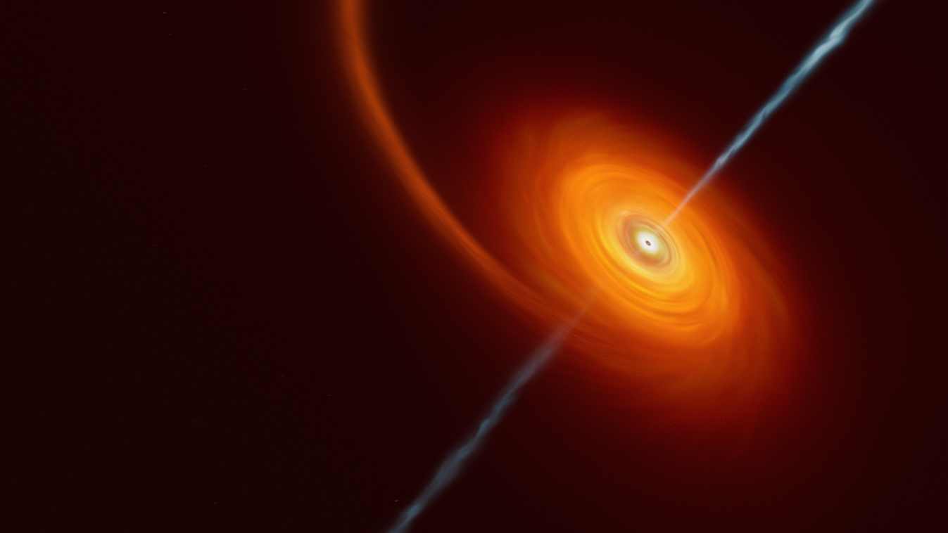 AT2022cmc This artist’s impression illustrates how it might look when a star approaches too close to a black hole, where the star is squeezed by the intense gravitational pull of the black hole. Some of the star’s material gets pulled in and swirls around