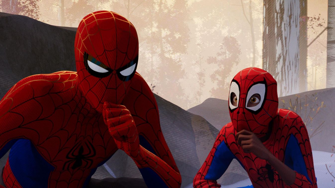 Peter Parker (Jake Johnson) and Miles Morales (Shameik Moore) in Columbia Pictures and Sony Pictures Animation's SPIDER-MAN: INTO THE SPIDER-VERSE. 
