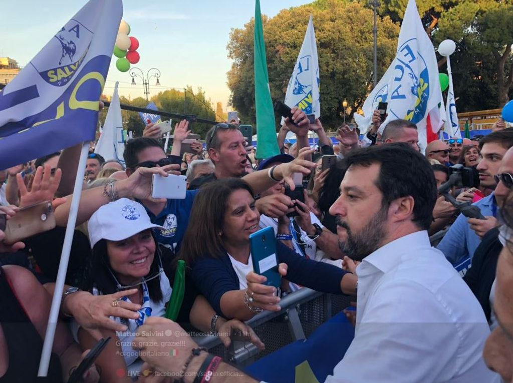 Leader of Italy's far-right League party, Matteo Salvini gestures as he speaks during a rally of Italy's far-right League party, conservative Brothers of Italy party and Forza Italia party against the government on October 19, 2019 in Rome. 