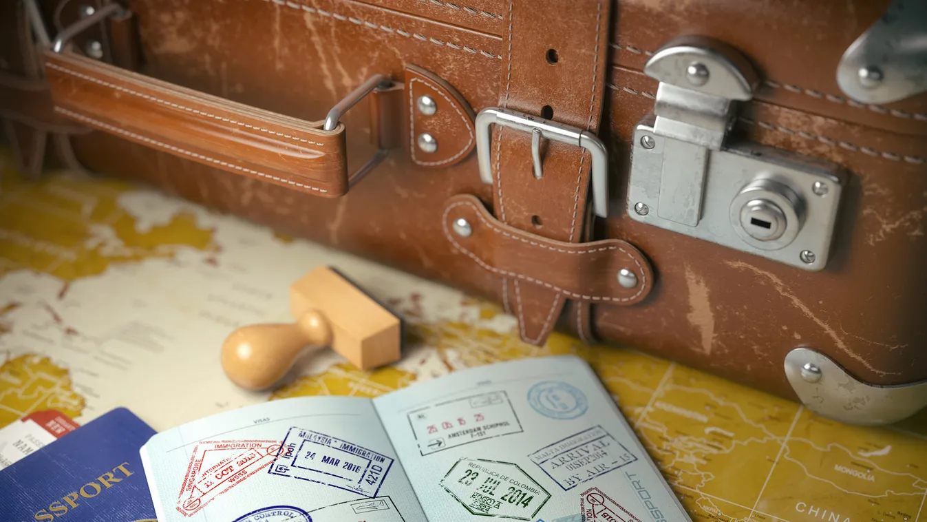 Travel or turism concept.  Old  suitcase  with opened passport trip travel passport suitcase tourism luggage vacation airport destination international journey vintage immigration document business tourist retro old holiday country visa citizenship ticket